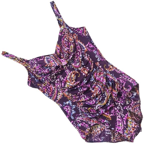 Miraclesuit One Piece size 12/14 Plum Paisley Ruched Tummy control Swimsuit - Picture 2 of 14